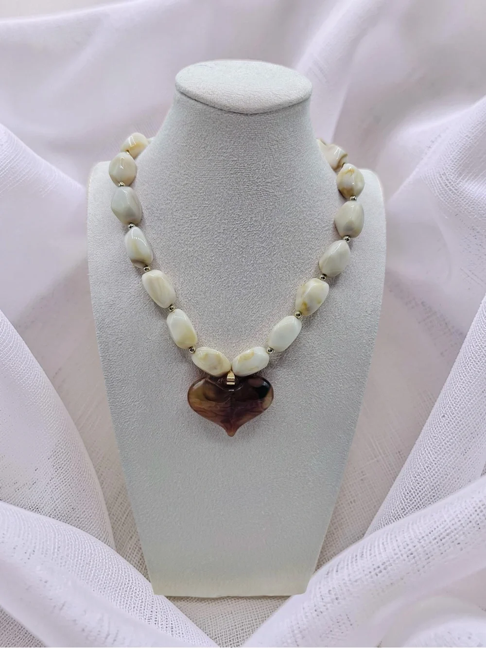 Acrylic & Resin Heart Pendant Statement Necklace in Cream & Espresso
